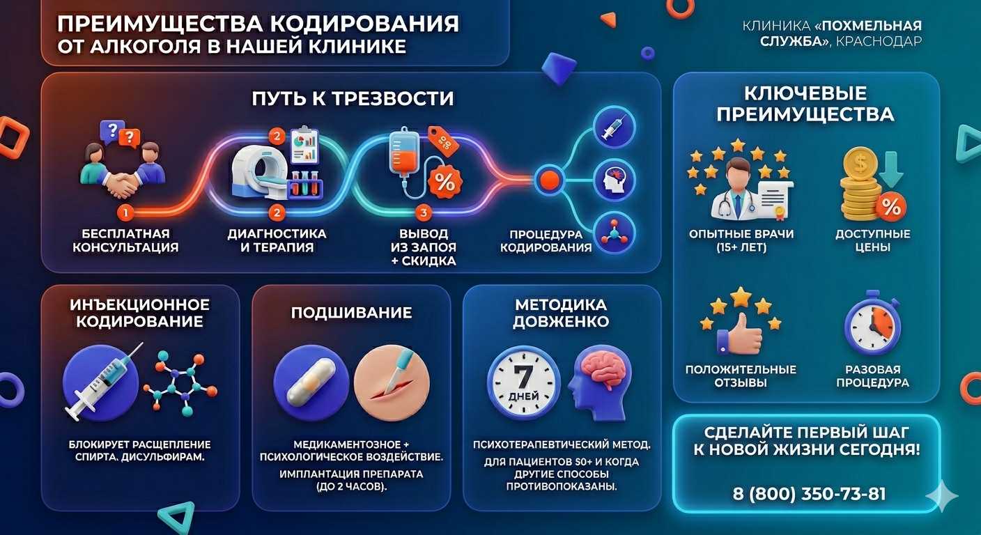 Инфографика о методах кодирования от алкоголя в ТАО Москвы: инъекции, подшивание, метод Довженко. Преимущества клиники и этапы лечения.